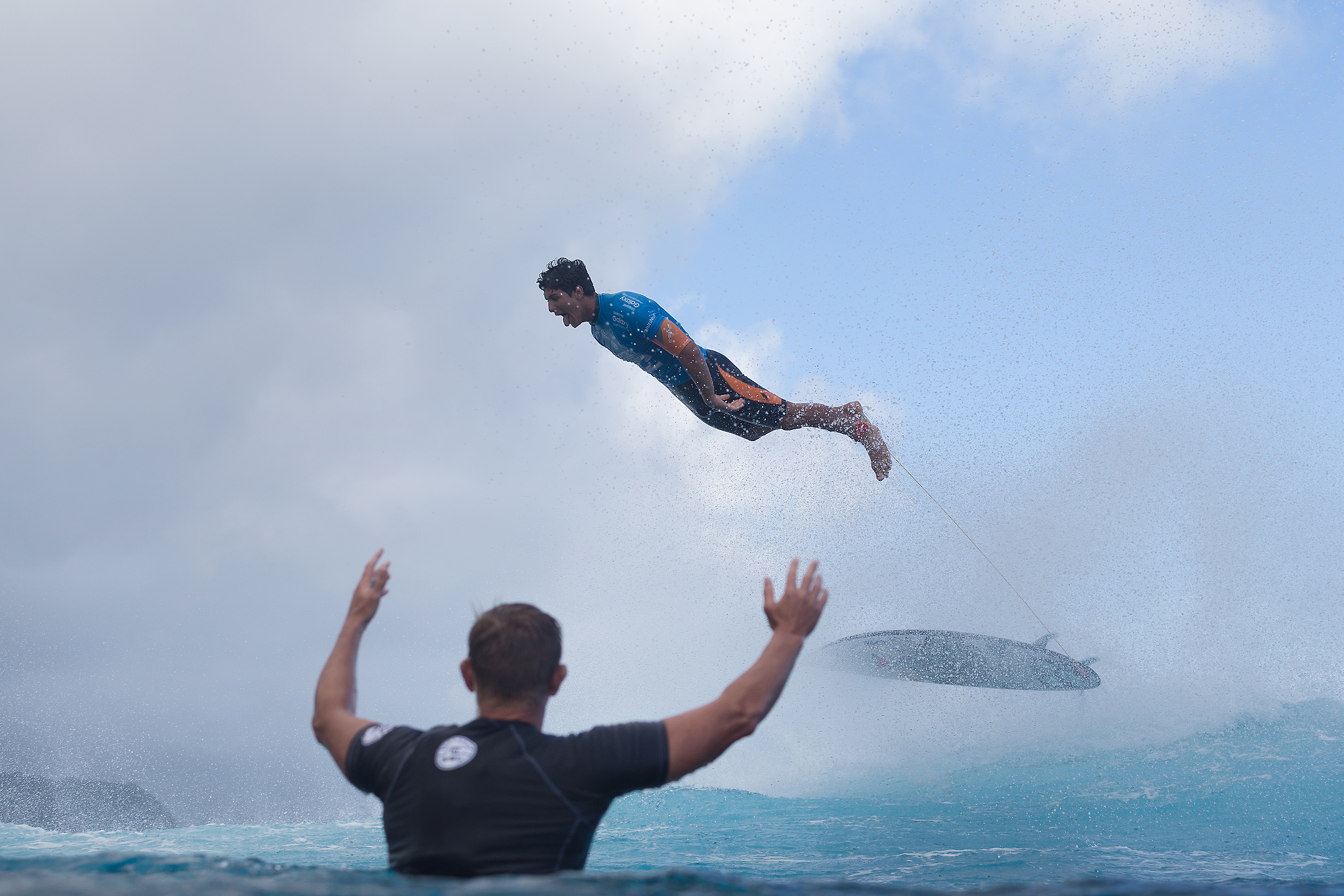 Reigning WSL World Champion and defending event winner Gabriel Medina of Maresias, Sao Paulo, Brazil (pictured) soars through the air after completing a perfect 10 point ride during Round 4 of the Billabong Pro Tahiti at Teahupoo on 24 August 2015. IMAGE CREDIT: © WSL / Cestari PHOTOGRAPHER: Kelly Cestari SOCIAL MEDIA TAG: @wsl @KC80