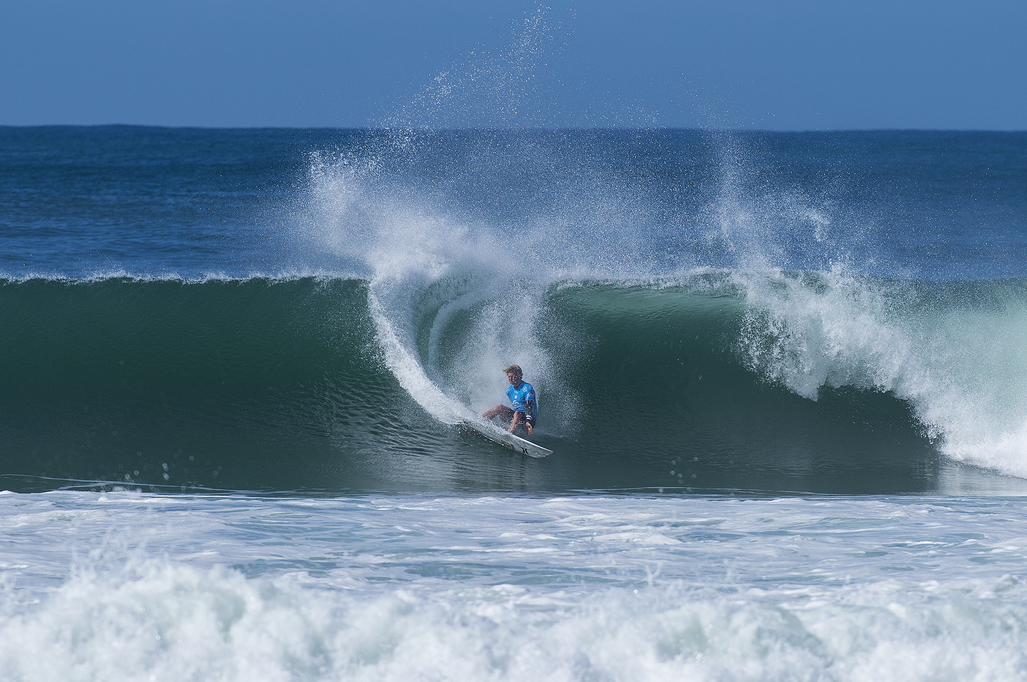 John John Florence of Hawaii (pictured) winning his Round 1 heat with a pair of excellent scoring rides including an 8.67 and a 9.93 (both out of ten) to advance into Round 3 of the Quiksilver Pro France on Thursday October 8, 2015.