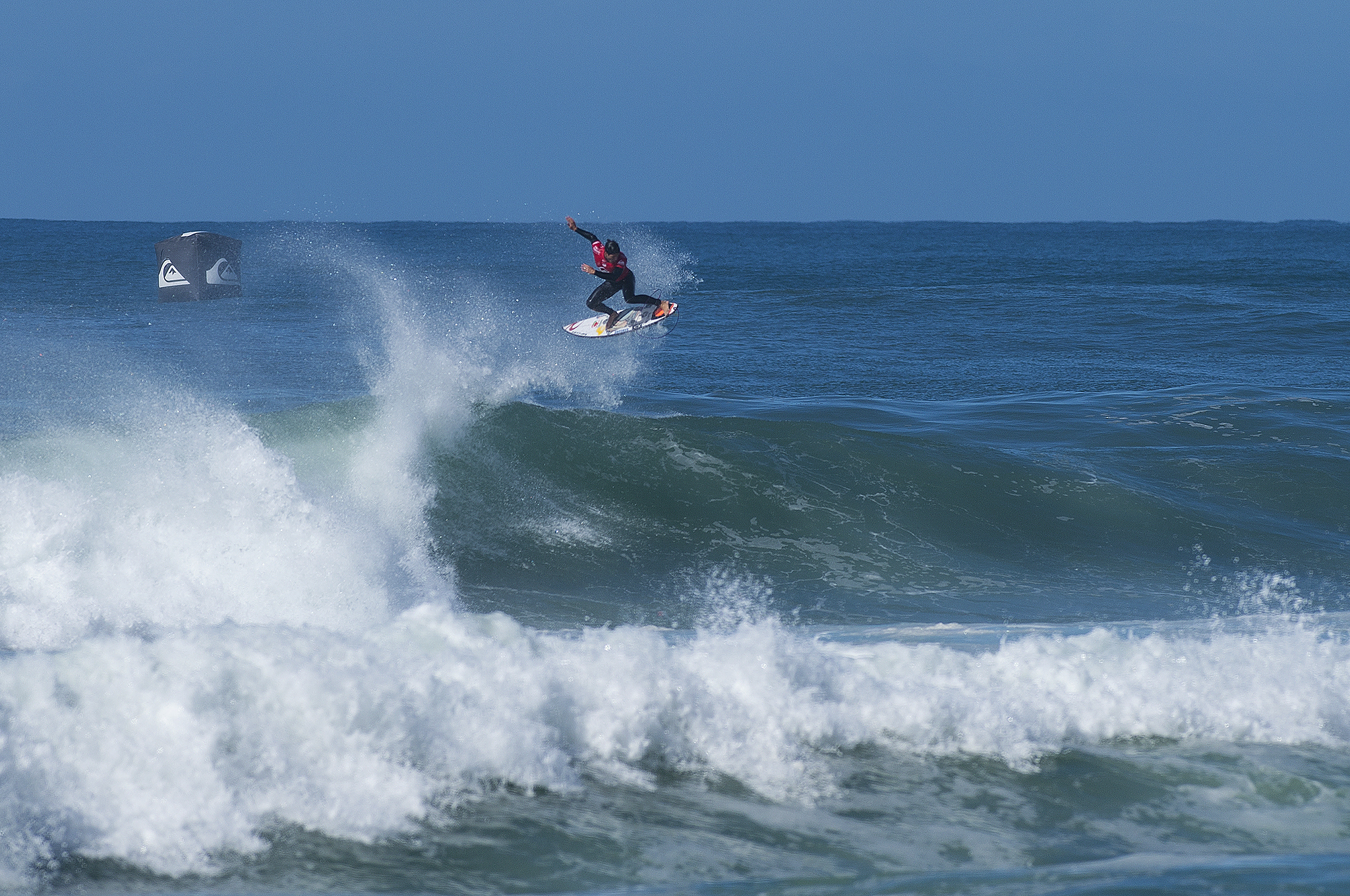 Gabriel Medina of Brasil (pictured) winning his Round 1 heat at the QUiksilver Pro France on Thursday October 8, 2015. Medina advanced into Round 3.