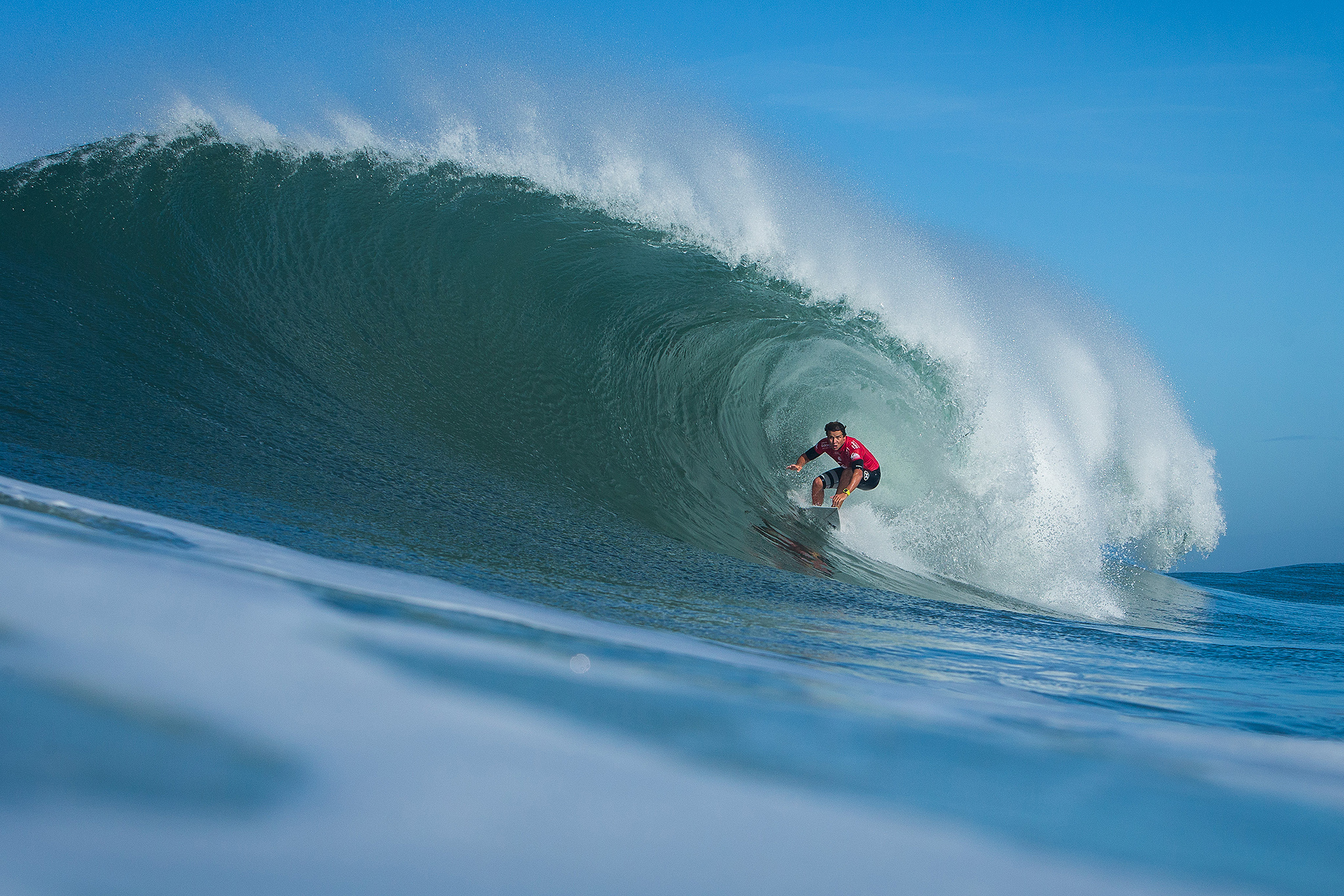 Julian Wilson of Sunshine Coast, Australia (pictured) winning his Round 1 heat with a pair of excellent scoring rides including a 9.30 and a 9.50 (both out of a possible ten) to advance into Round 3 of the Quiksilver Pro France.