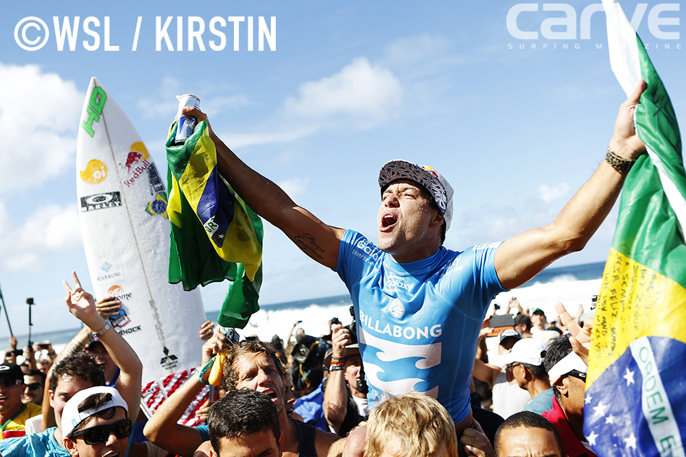 Adriano De Souza of Brasil (pictured) winning his maiden WSL World Title at the Billabong Pipe Masters on Thursday December 17, 2015