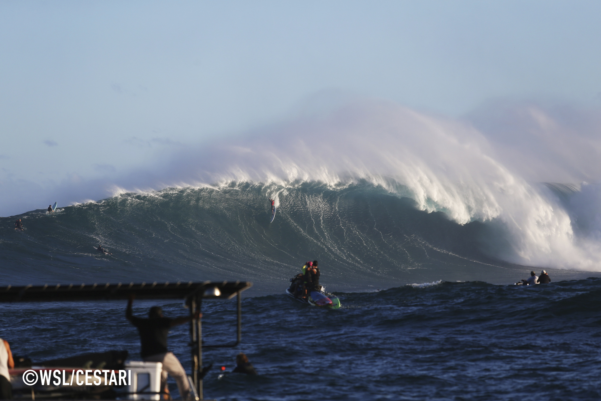 Shane Dorian of Hawaii makes the drop into one of the biggest waves of the morning at the Peahi Challenge at Peahi, Maui Hawaii on Sunday December 7, 2015.