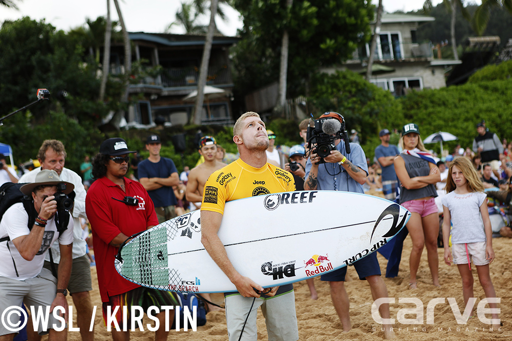 Mick Fanning of Australia (pictured) takes a moment to look up to the heavens before his quarterfinal heat against Kelly Slater (USA) at the Billabong Pipe Masters on Thursday December 17, 2015.
