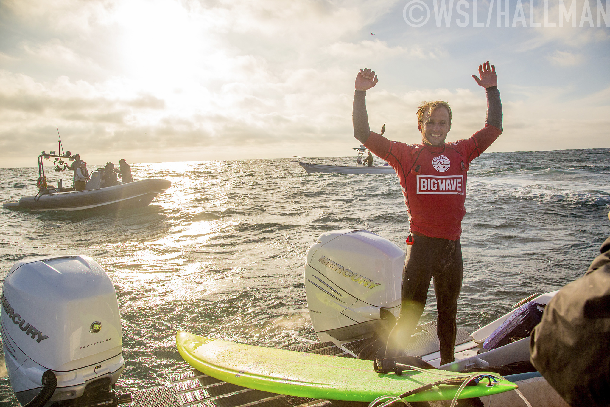 Josh Kerr formerly of Australia, now of San Deigo, California (pictured) celebrating his victory at the Todos Santos Challenge in monstorous 30-4-ft surf at Todos Santos off the coast of Baja, Mexico on Sunday January 17, 2015.