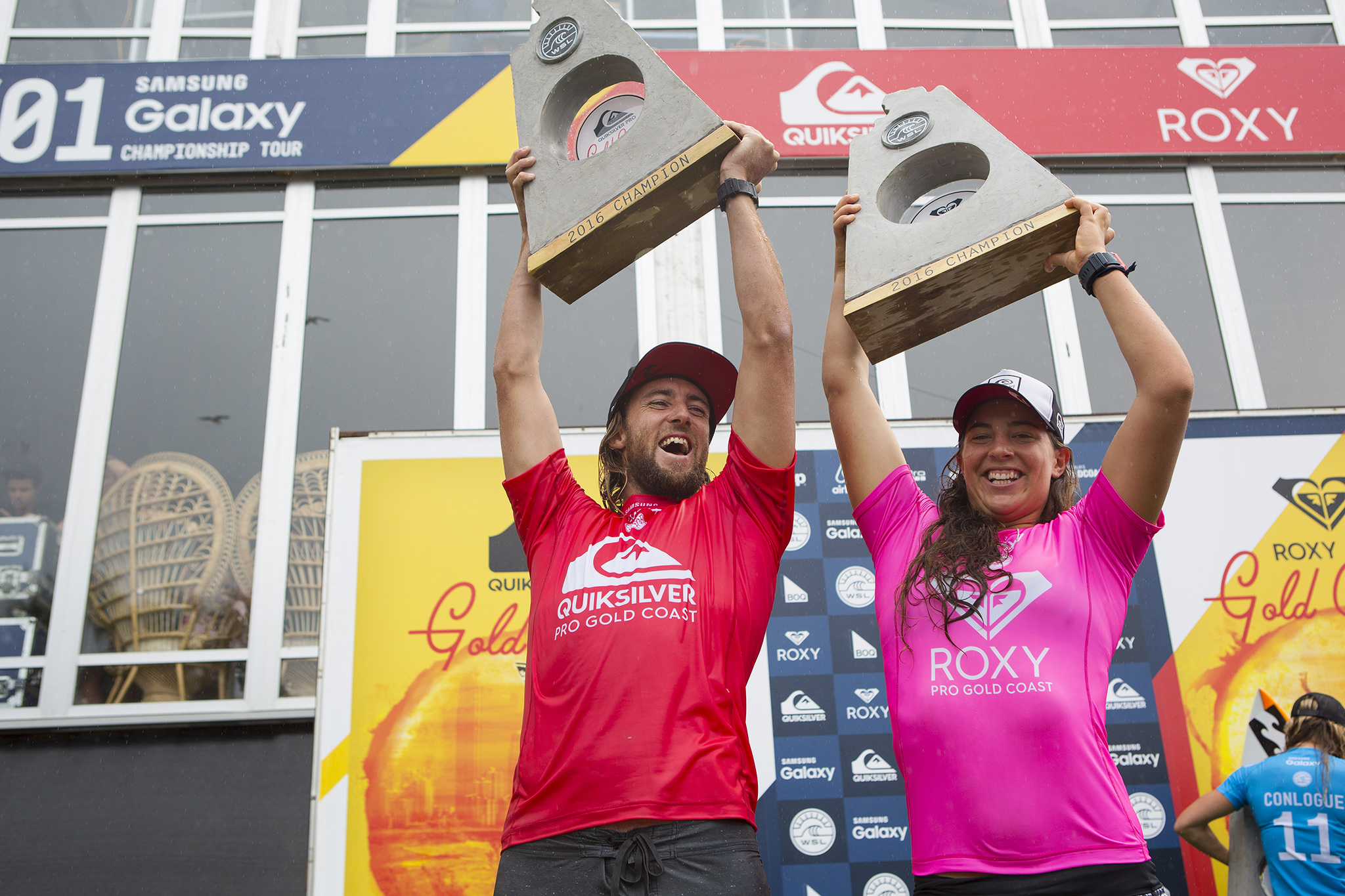 Matt Wilkinson and Tyler Wright both of Australia (pictured) celebrating during prizegiving after winning the Quiksilver and Roxy Pro's respectively at Snapper Rocks on the Gold Coast of Australia on Wednesday March 16, 2016. PHOTO: © WSL/ Kirstin Scholtz This is a hand-out image from the World Surf League and is royalty free for editorial use only, no commercial rights granted. The copyright is owned by World Surf League. Sale or license of the images is prohibited. ALL RIGHTS RESERVED.