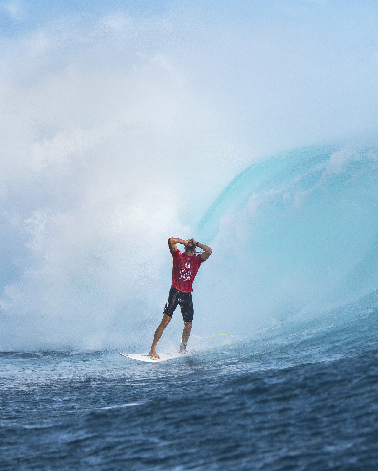 Owen Wright of South Coast, NSW, Australia (pictured) holds his head in disbelief after emerging from his second Perfect 10 point ride at the Fiji Pro at Cloudbreak on Monday June 15, 2015. Owen produced a flawless performance during Round 5, riding a pair of Perfect rides for a heat total of 20.00 (out of a possible 20.00).