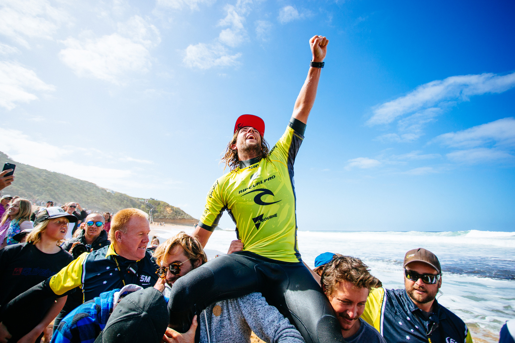 Matt Wilkinson of Australia (pictured) celebrated his victory at the Rip Curl Pro Bells Beach on Sunday April 3, 2016.