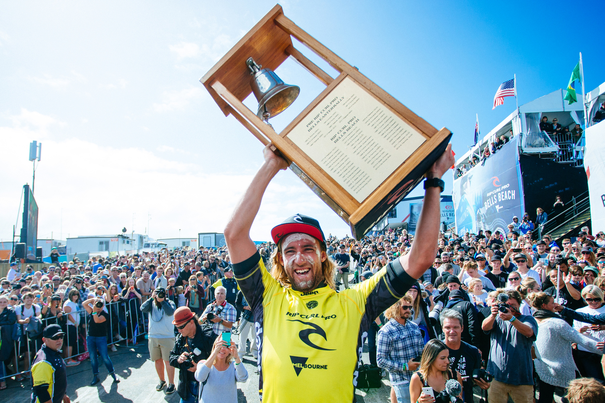 Matt Wilkinson of Australia (pictured) hoists his bell after winning the Rip Curl Pro Bells Beach on Sunday April 3, 2016. PHOTO: © WSL/ Sloane SOCIAL: @wsl @edsloanephoto This image is the copyright of the World Surf League and is provided royalty free for editorial use only, in all media now known or hereafter created. No commercial rights granted. Sale or license of the images is prohibited. This image is a factually accurate rendering of what it depicts and has not been modified or augmented except for standard cropping and toning. ALL RIGHTS RESERVED.