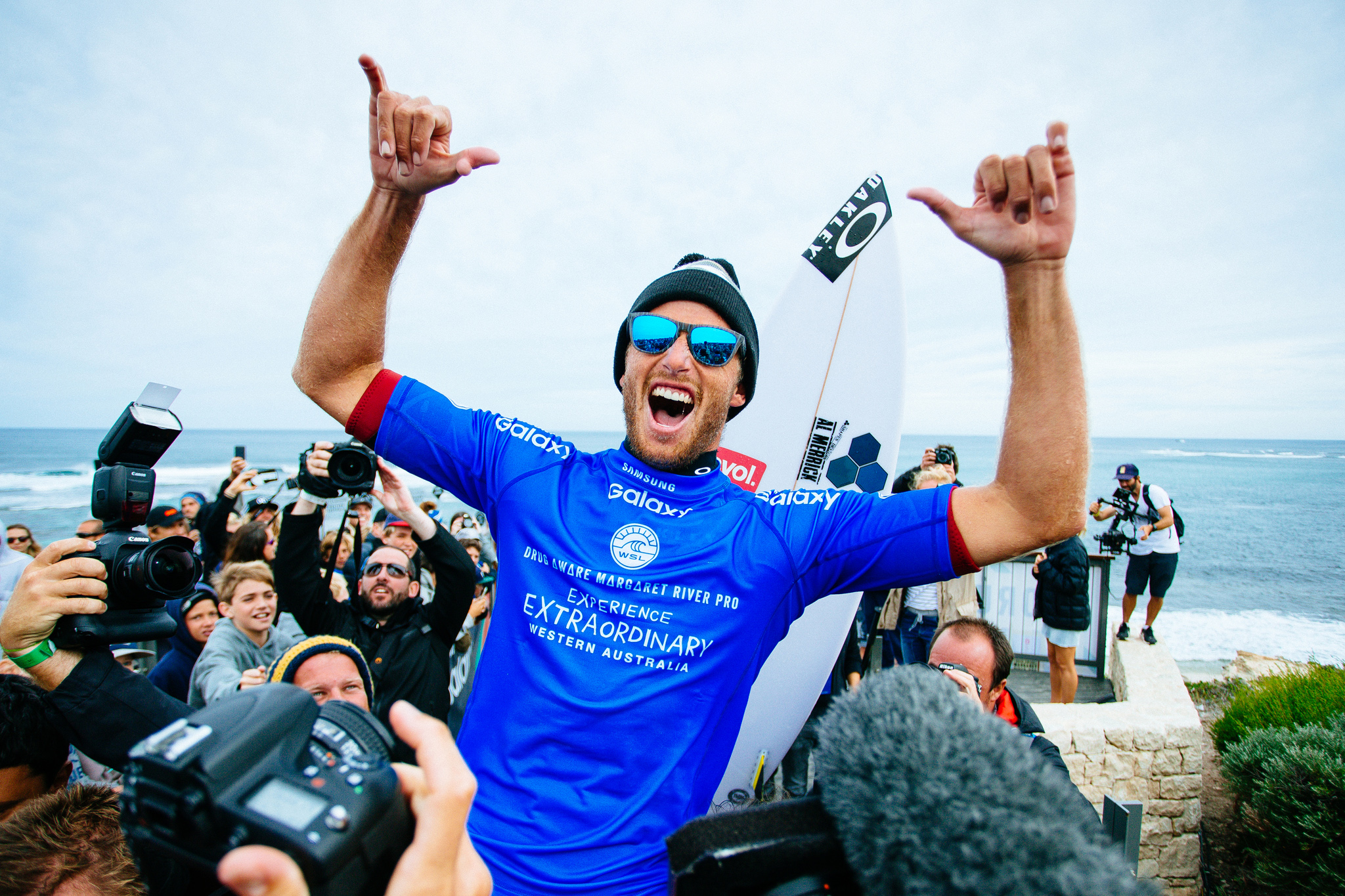 Sebastian Zietz of Hawaii (pictured) celebrates his innuagural WCT victory after winning the Drug Aware Margaret River Pro in Western Australia on Saturday April 16, 2016. PHOTO: © WSL/ Sloane SOCIAL: @edsloanephoto @wsl This image is the copyright of the World Surf League and is provided royalty free for editorial use only, in all media now known or hereafter created. No commercial rights granted. Sale or license of the images is prohibited. This image is a factually accurate rendering of what it depicts and has not been modified or augmented except for standard cropping and toning. ALL RIGHTS RESERVED.