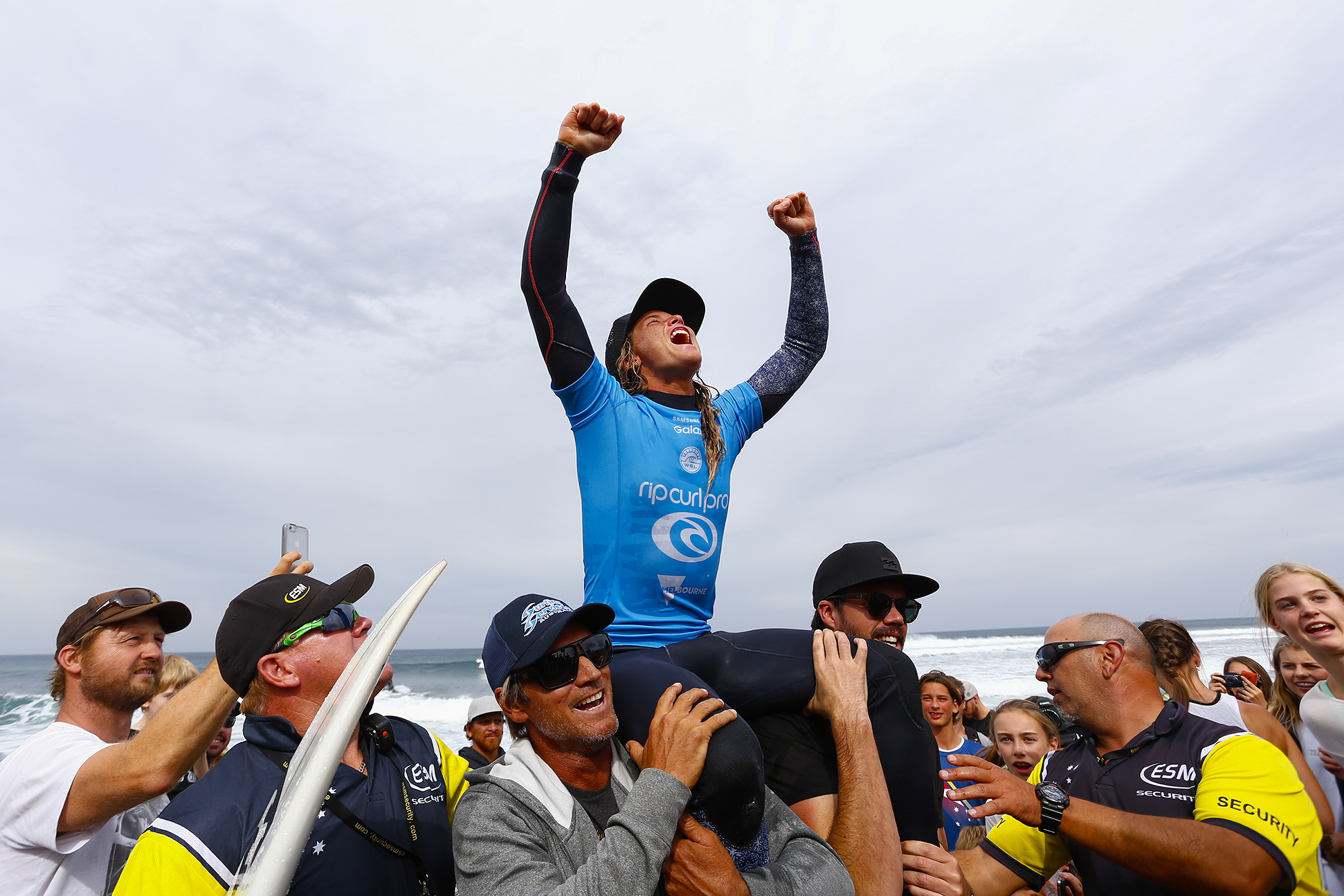 Courtney Conlogue of the USA (pictured) winning the Rip Curl Pro Bells Beach in Australia on Friday April 1, 2016. PHOTO: © WSL/ Sloane SOCIAL: @edsloanephoto This image is the copyright of the World Surf League and is provided royalty free for editorial use only, in all media now known or hereafter created. No commercial rights granted. Sale or license of the images is prohibited. This image is a factually accurate rendering of what it depicts and has not been modified or augmented except for standard cropping and toning. ALL RIGHTS RESERVED.