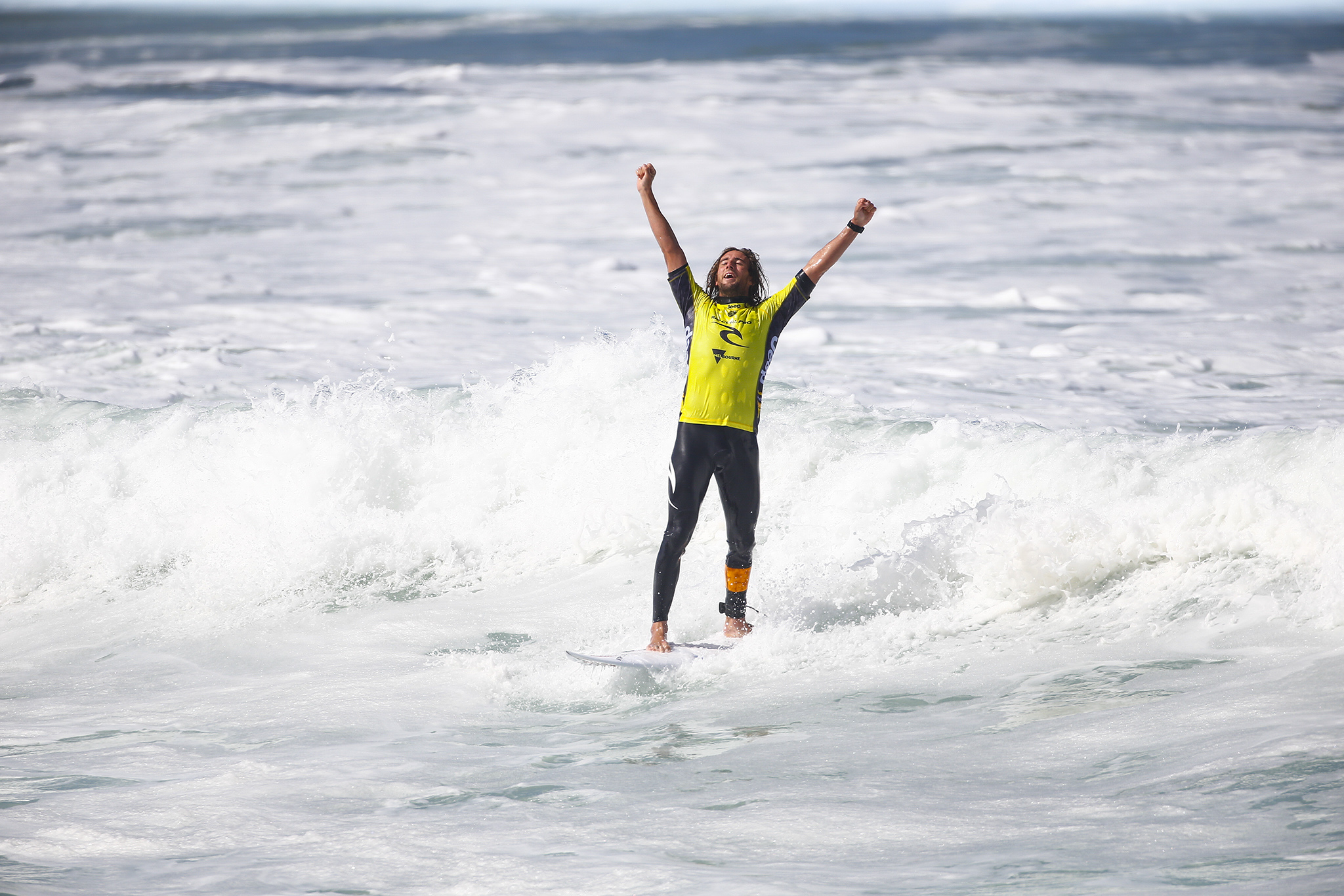 Matt Wilkinson of Australia celebrates his victory at the Rip Curl Pro Bells Beach.