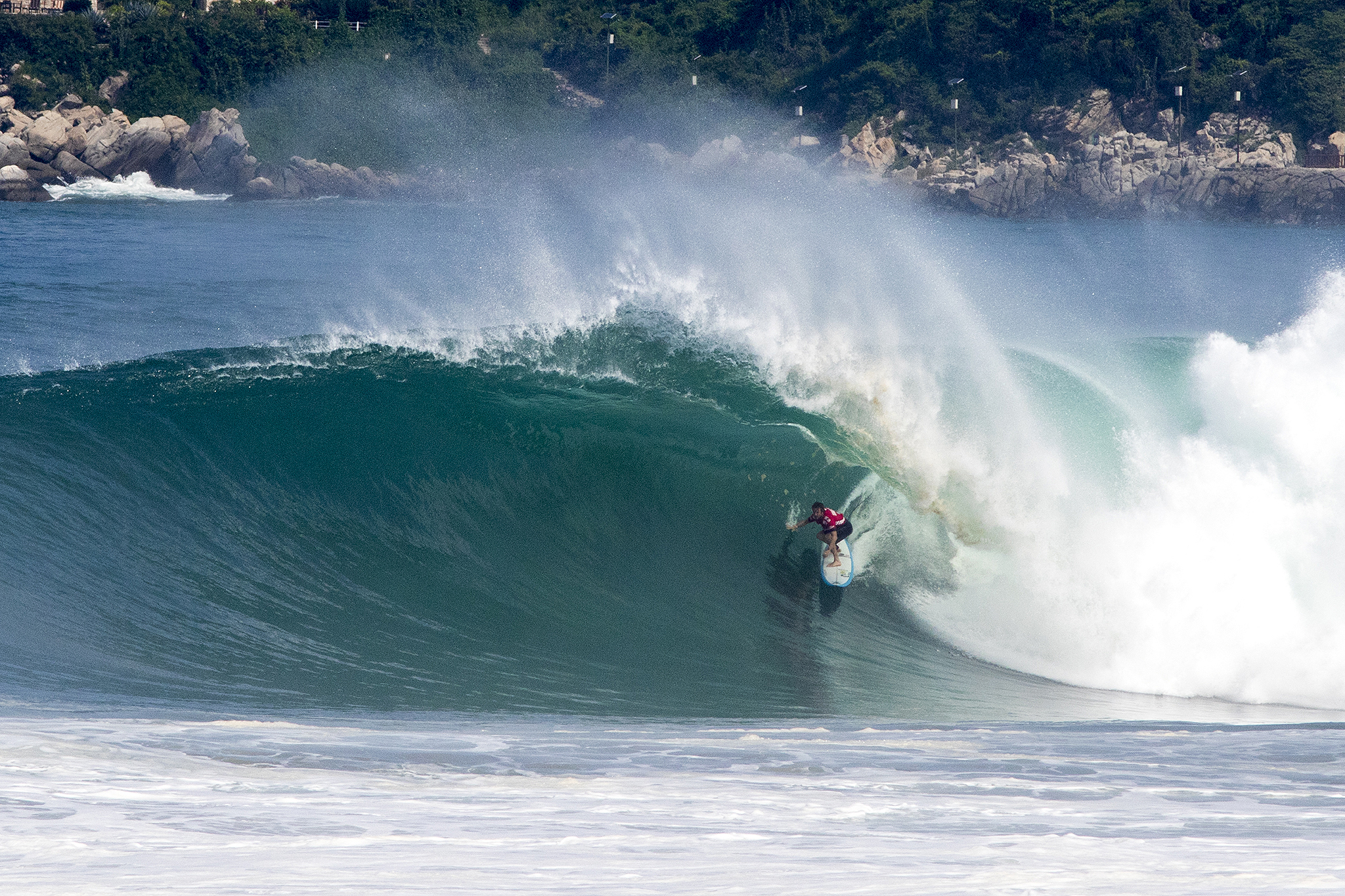 Grant 'Twiggy' Baker of the South Africa (pictured) wins the final after scoring a perfect 10-point ride for riding an enomrous tube during the final of the Puerto Escondido Challenge in Mexico on Saturday June 25, 2016. Thirty foot waves (ten meter) waves poured into Puerto Escondido that saw the Big Wave World Tour Puerto Escondido Challenge resume in Mexico on Saturday June 26, 2016. PHOTO: © WSL / Morales Social: @wsl @moralesedwin This image is the copyright of the World Surf League and is provided royalty free for editorial use only, in all media now known or hereafter created. No commercial rights granted. Sale or license of the images is prohibited. This image is a factually accurate rendering of what it depicts and has not been modified or augmented except for standard cropping and toning. ALL RIGHTS RESERVED.