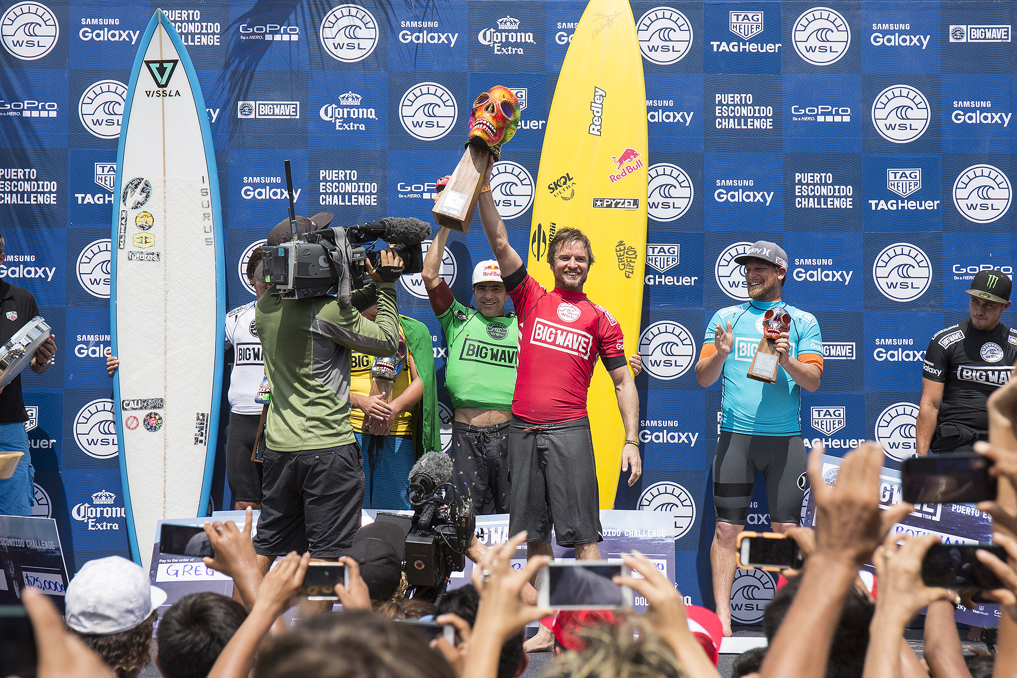 Grant 'Twiggy' Baker of the South Africa (pictured) is the 2016 Puerto Escondido Challenge winner after scoring a perfect 10-point ride for riding an enomrous tube during the final of the Puerto Escondido Challenge in Mexico on Saturday June 25, 2016. Thirty foot waves (ten meter) waves poured into Puerto Escondido that saw the Big Wave World Tour Puerto Escondido Challenge resume in Mexico on Saturday June 26, 2016. PHOTO: © WSL / Heff Social: @wsl @tonyheff This image is the copyright of the World Surf League and is provided royalty free for editorial use only, in all media now known or hereafter created. No commercial rights granted. Sale or license of the images is prohibited. This image is a factually accurate rendering of what it depicts and has not been modified or augmented except for standard cropping and toning. ALL RIGHTS RESERVED.