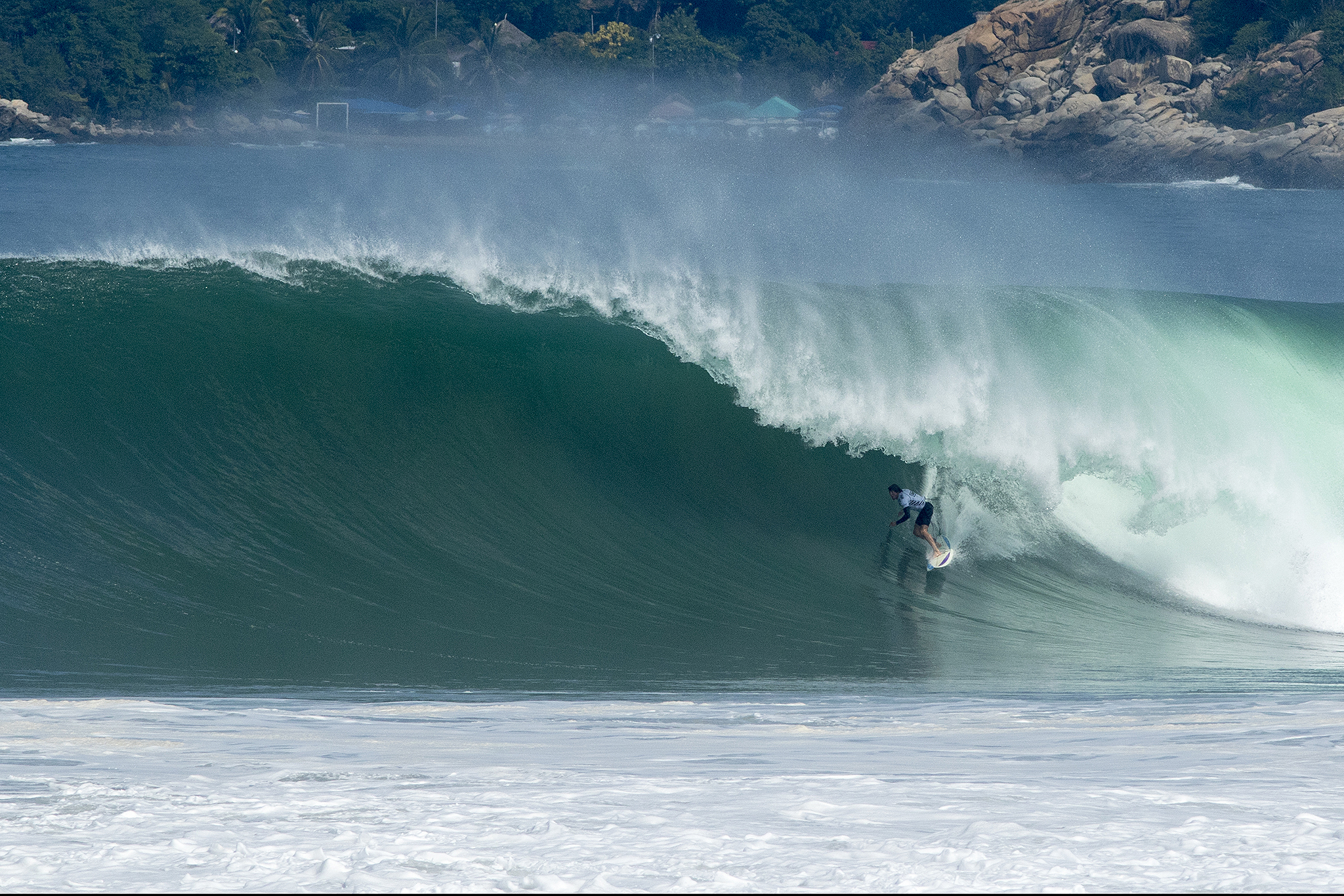 Greg Long of the USA (pictured) finished second in the final of the Big Wave World Tour Puerto Escondido Challenge after riding an enomrous tube during the final of the Puerto Escondido Challenge in Mexico on Saturday June 25, 2016. Thirty foot waves (ten meter) waves poured into Puerto Escondido that saw the Big Wave World Tour Puerto Escondido Challenge resume in Mexico on Saturday June 25, 2016. PHOTO: © WSL / Morales Social: @wsl ©moralesedwin This image is the copyright of the World Surf League and is provided royalty free for editorial use only, in all media now known or hereafter created. No commercial rights granted. Sale or license of the images is prohibited. This image is a factually accurate rendering of what it depicts and has not been modified or augmented except for standard cropping and toning. ALL RIGHTS RESERVED.