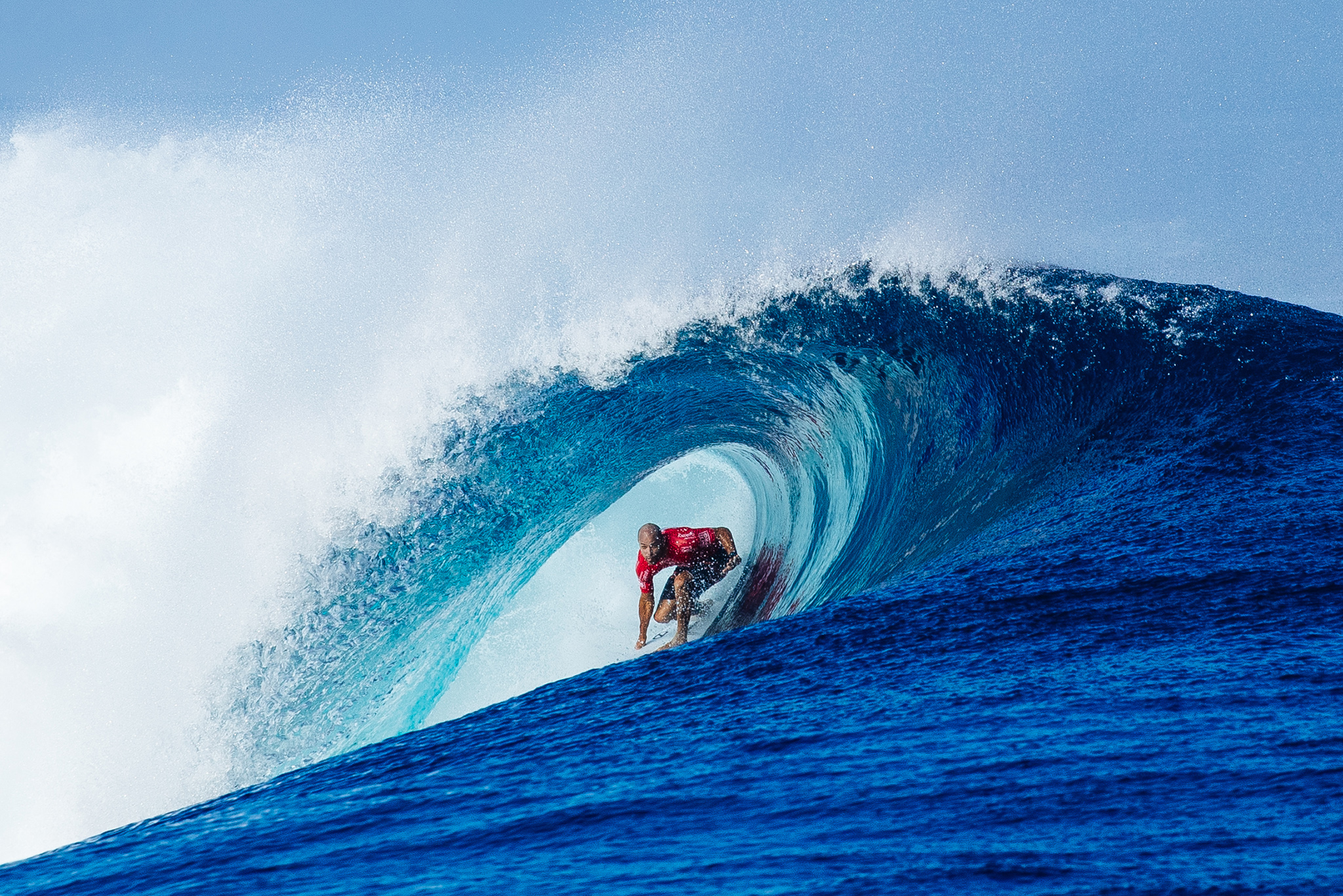 Kelly Slater of the USA (pictured) winning his quarterfinal heat at the Fiji Pro at Cloudbreak on Tavarua on Friday June 17, 2016. PHOTO: WSL/ Sloane SOCIAL: @edsloanephoto @wsl This image is the copyright of  the World Surf League and is provided royalty free for editorial use only, in all media now known or hereafter created. No commercial rights granted. Sale or license of the images is prohibited. This image is a factually accurate rendering of what it depicts and has not been modified or augmented except for standard cropping and toning. ALL RIGHTS RESERVED.