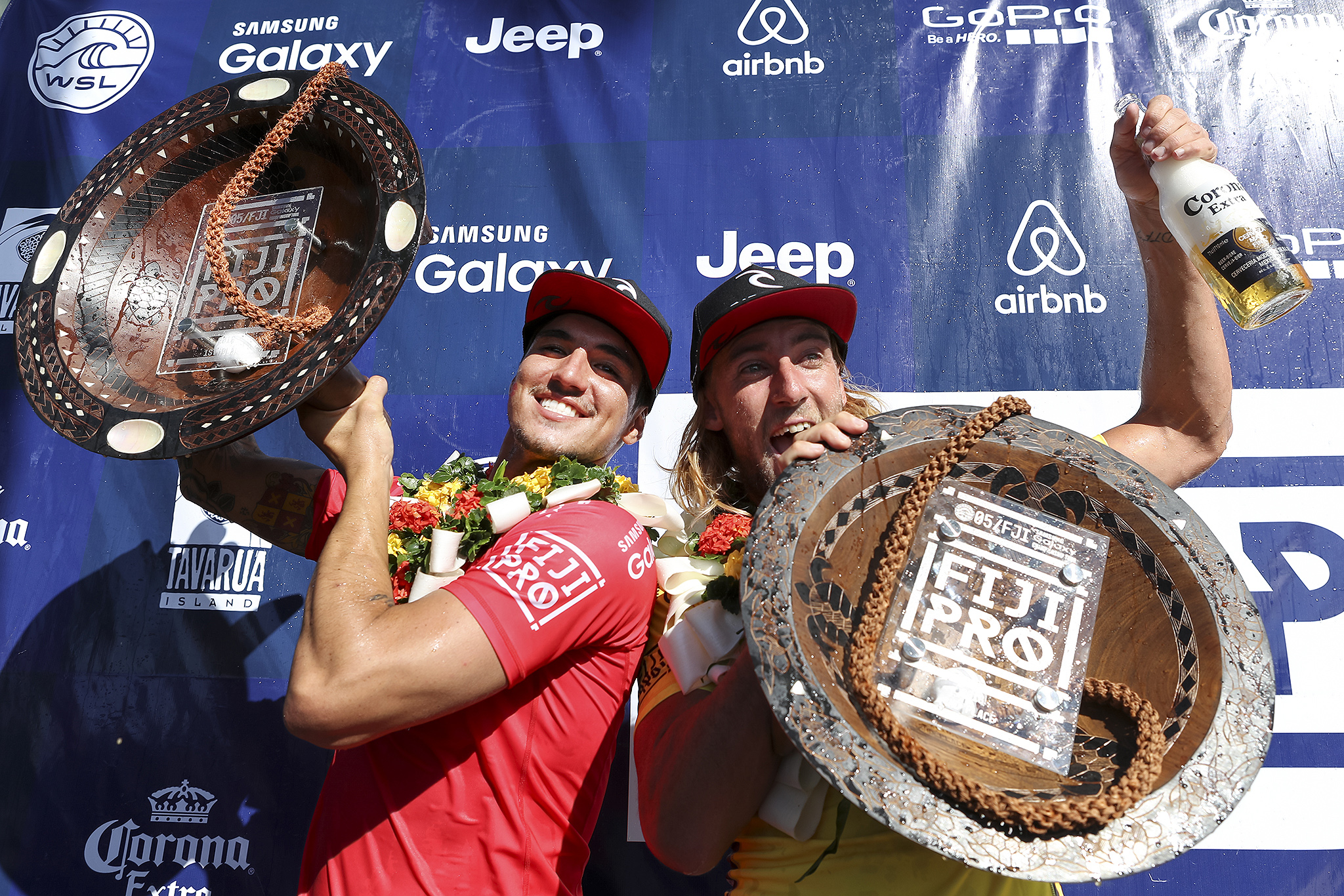 Gabriel Medina is the 2016 Fiji Pro Winner and Matt Wilkinson the runner-up.  Wilkinson retains number one spot on the Jeep Leaderboard while Medina moves in to number two. PHOTO: © WSL/ Cestari SOCIAL: @wsl @kc80 This image is the copyright of  the World Surf League and is provided royalty free for editorial use only, in all media now known or hereafter created. No commercial rights granted. Sale or license of the images is prohibited. This image is a factually accurate rendering of what it depicts and has not been modified or augmented except for standard cropping and toning. ALL RIGHTS RESERVED