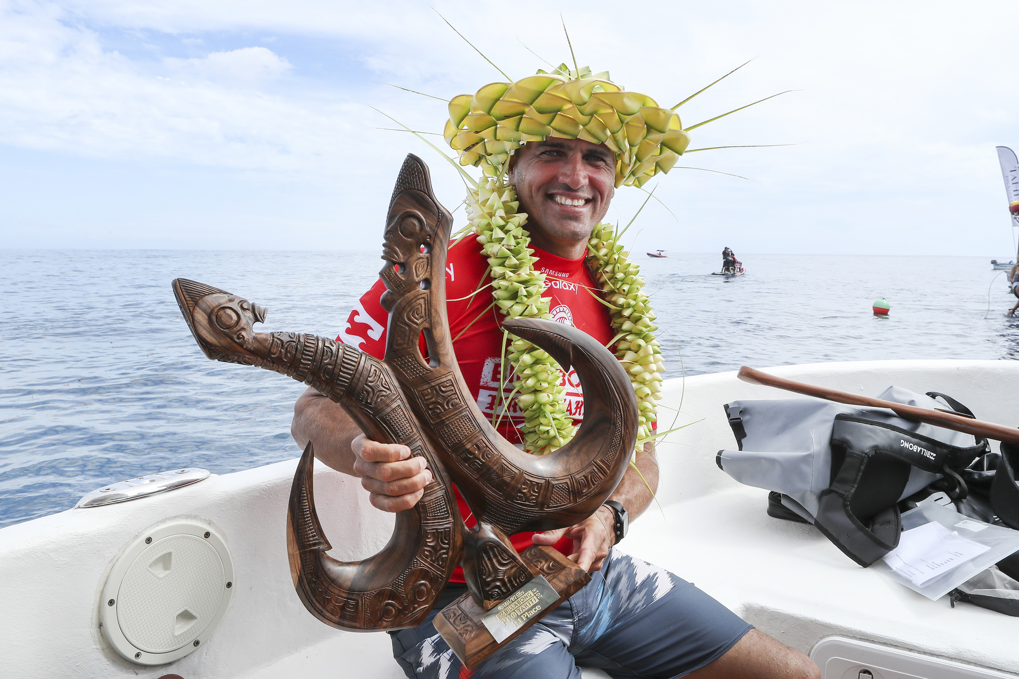 Kelly Slater of the USA (pictured) celebrates winning the Billabong Pro Tahiti for the fifth time in his career and earns the A.I. Award on Tuesday August 23, 2016. PHOTO: © WSL/ Cestari SOCIAL: @kc80  This image is the copyright of  the World Surf League and is provided royalty free for editorial use only, in all media now known or hereafter created. No commercial rights granted. Sale or license of the images is prohibited. This image is a factually accurate rendering of what it depicts and has not been modified or augmented except for standard cropping and toning. ALL RIGHTS RESERVED.