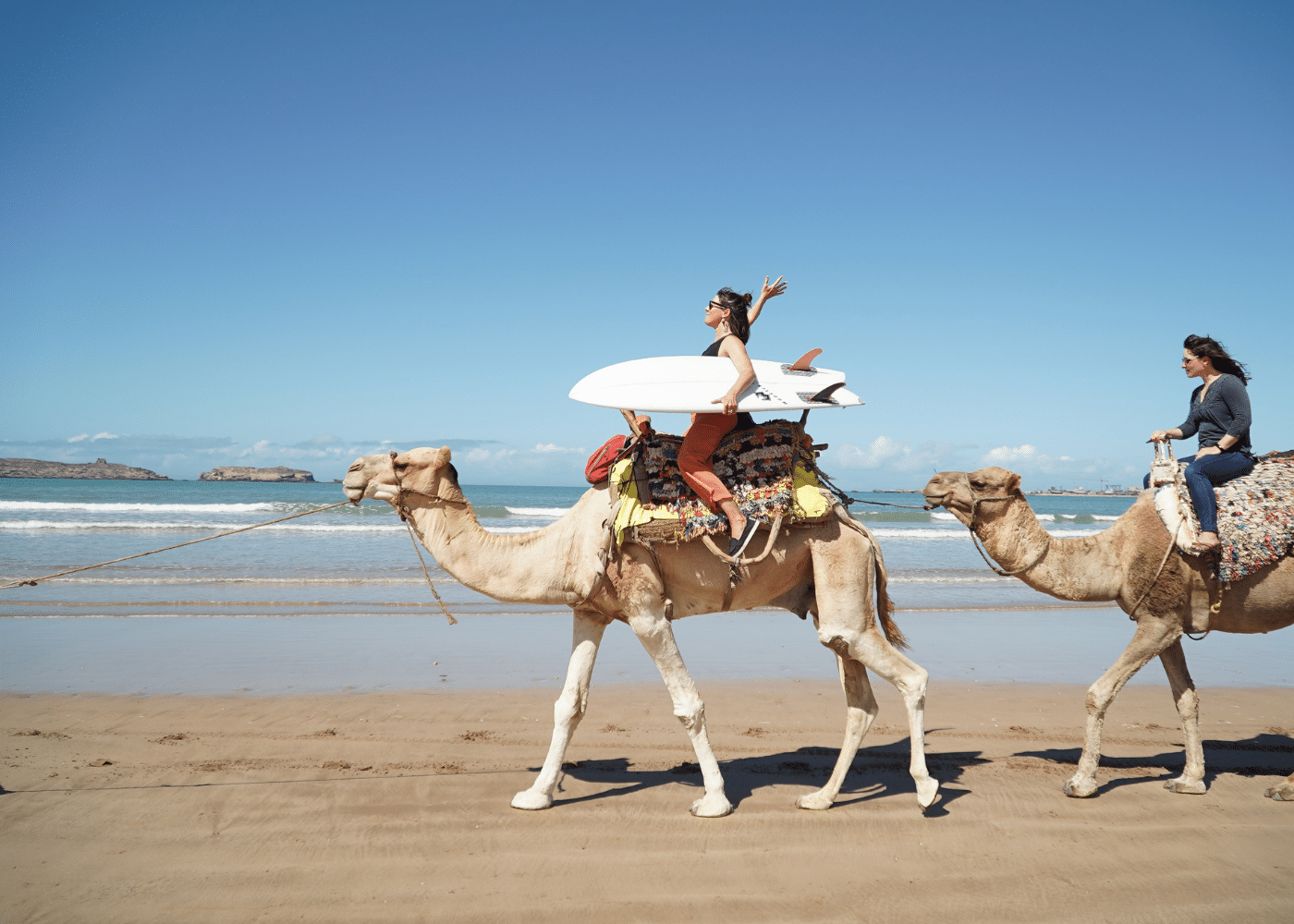Girls on a camel with surfboards at a Surf with Amigas retreat