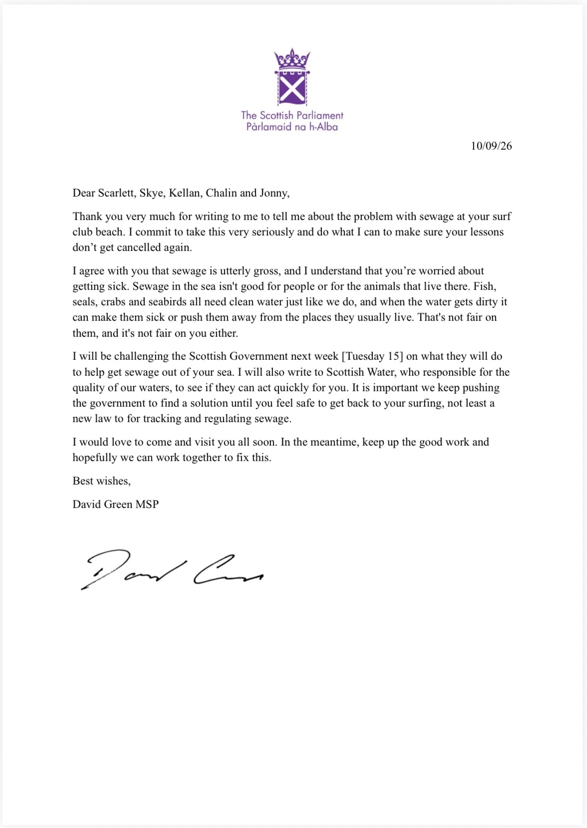 Reply from David Green MSP