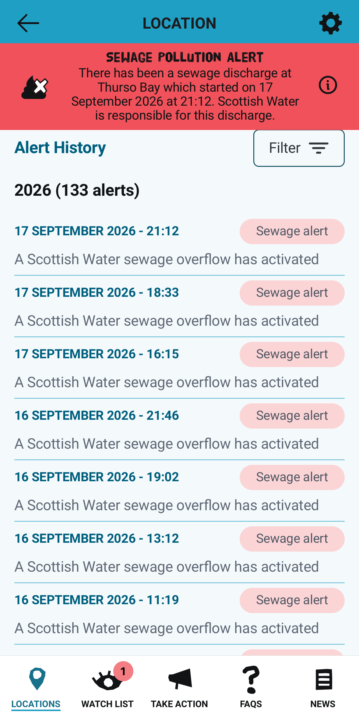 Sewage alert notifications