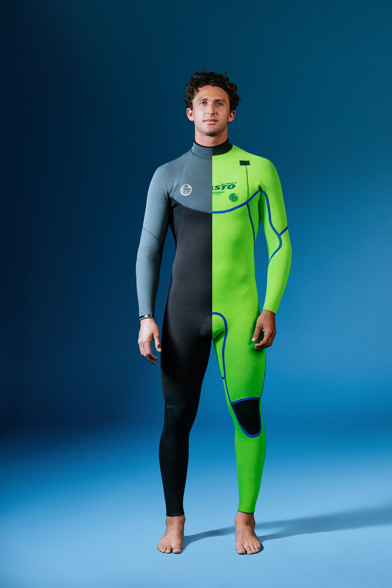 Man in a wetsuit split down the middle to show the black outer and lime green inner lining
